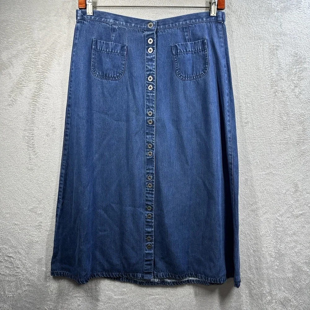 Liz Claiborne Denim Chambray Maxi Skirt Sz 14‎ Button Front Tencel Western
